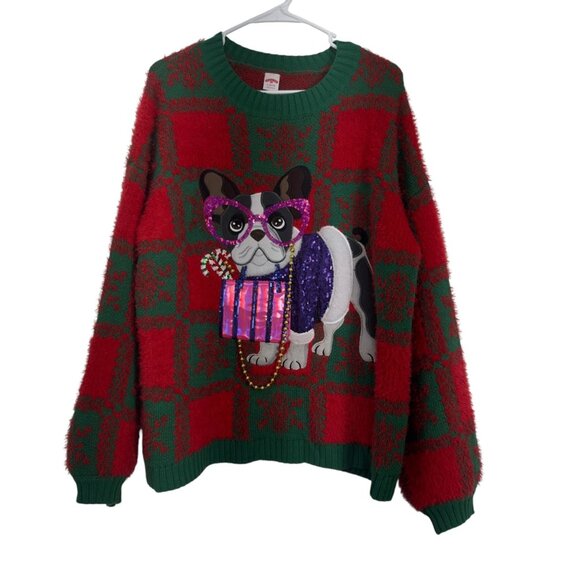 Holiday Time Ugly Christmas Sweater Bulldog Design SZ L Puff Sleeve Crew Neck - Picture 7 of 11